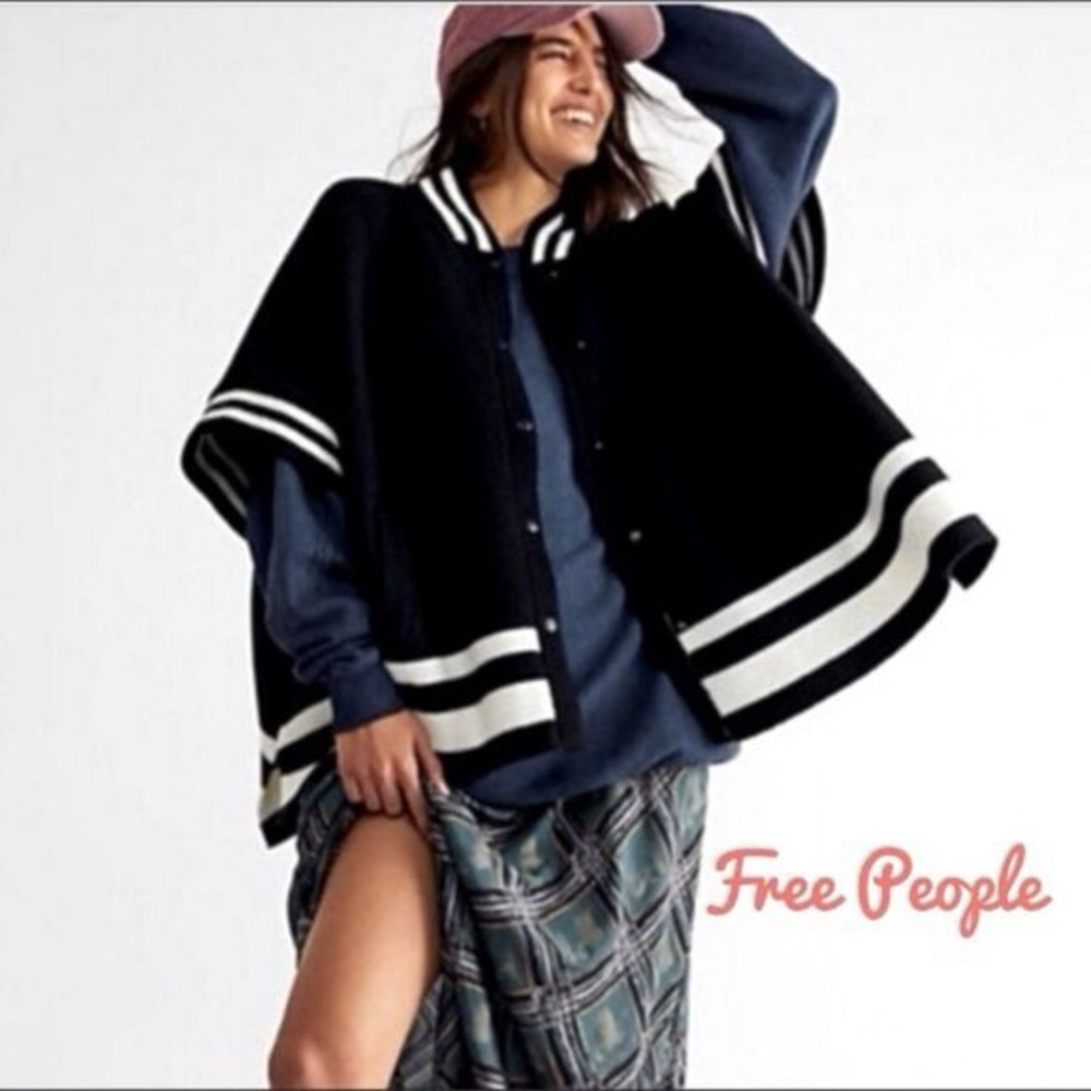Free People Pep Rally Stripe Varsity Poncho Sweater | Oversized Boho Preppy NWT
